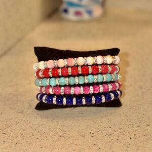 Peach & Pink Jade Bracelet Stack | Red Jade, Aqua Jade & Blue Agate Bracelets